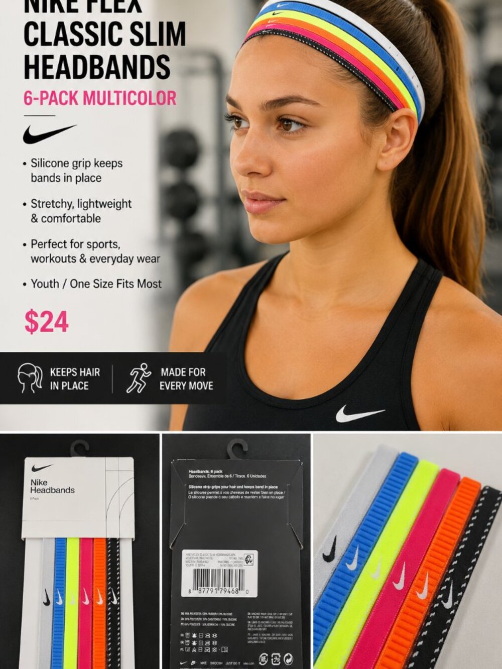 Nike Flex Classic Slim Headbands 6-Pack Multicolor NWT Youth/OSFM